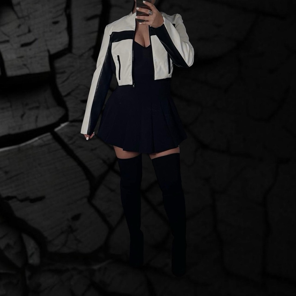 SHEIN Black and White Crop Biker Jacket